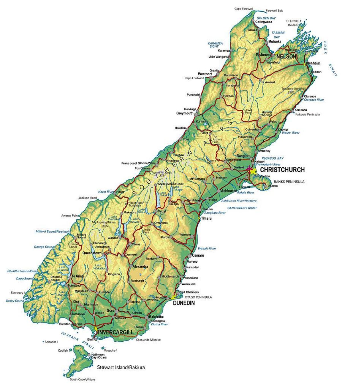 mapa južnej nový zéland