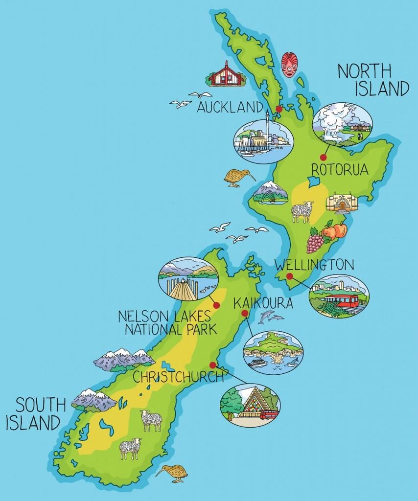 nový zéland mapa kreslených