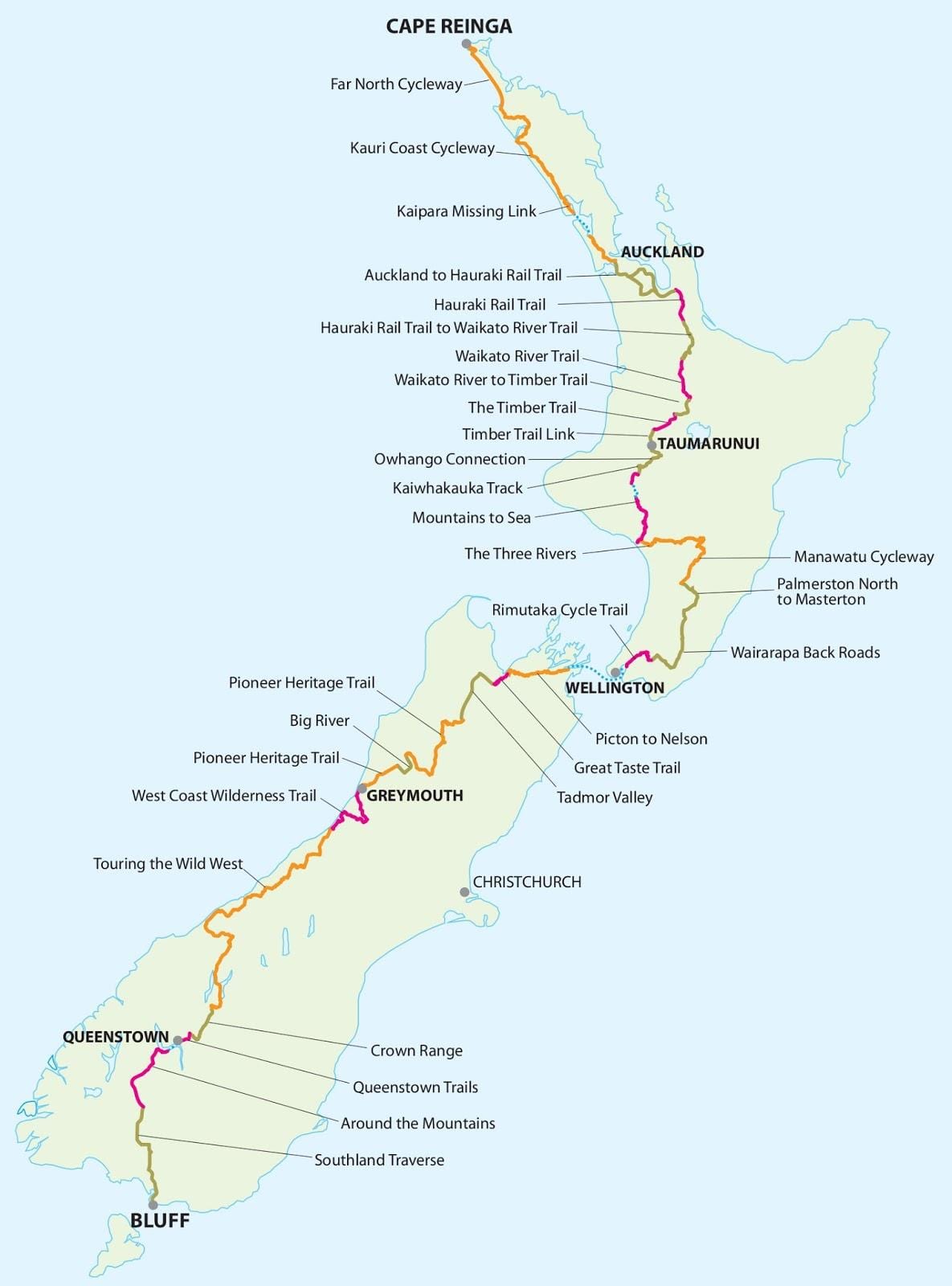 Mapa nový zéland cyklus chodník