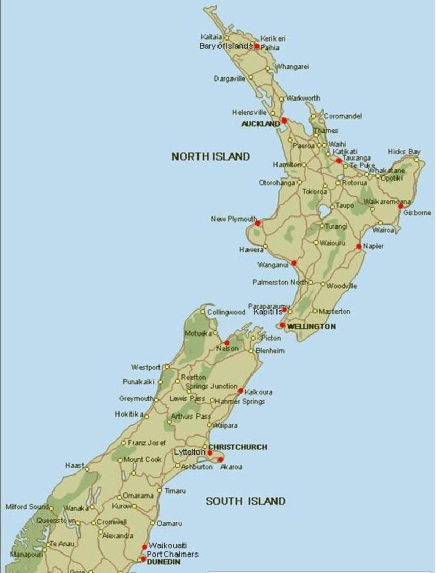 Mapa nový zéland porty