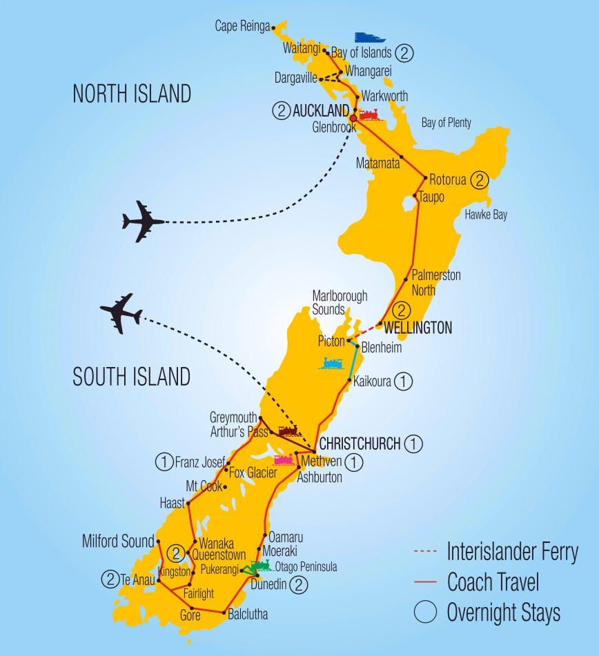 Mapa nový zéland vlak