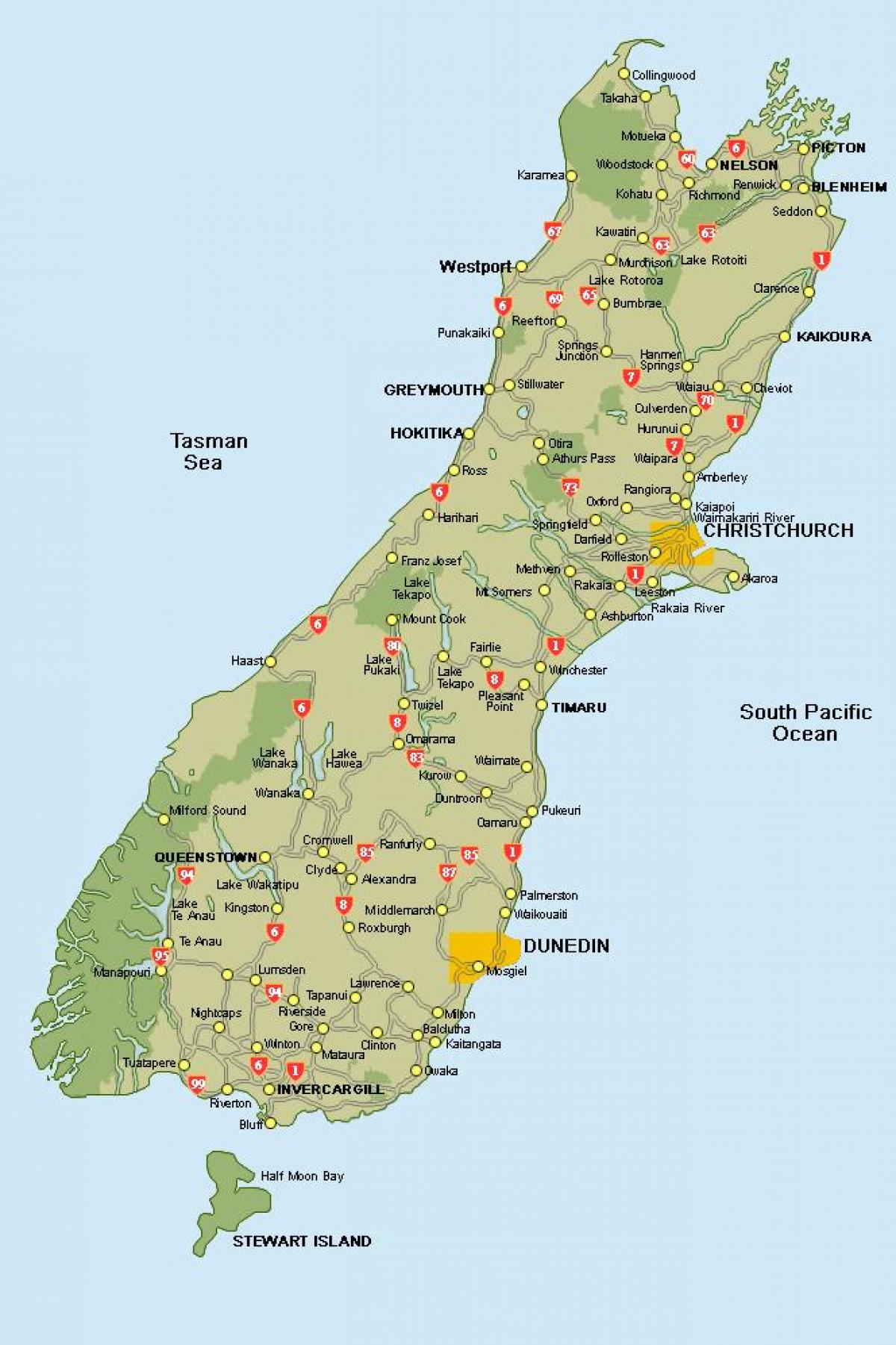 nový zéland mapa južného ostrova cestnú mapu