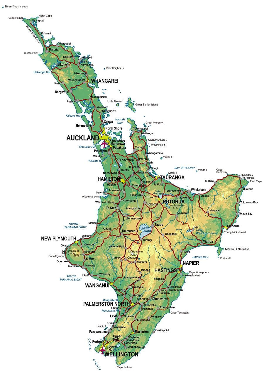 podrobná mapa severného ostrova nového zélandu.