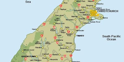 Nový zéland mapa južného ostrova cestnú mapu
